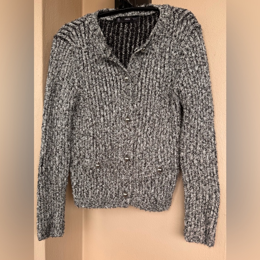 MNG Womens Cardigan Ribbed Black/White Speckled Silver Buttons Pockets Medium